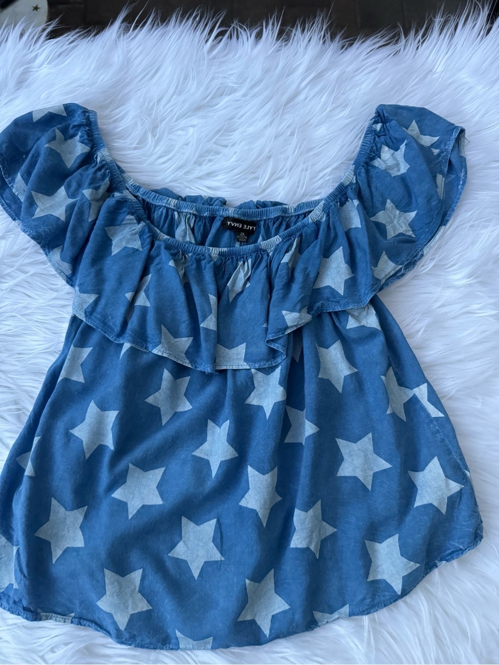 Blue Star-Print Ruffle Off-Shoulder Camisole - Picture 6 of 6